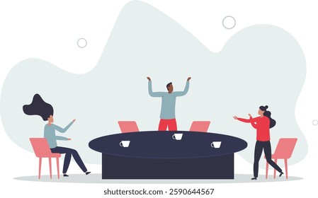 Collaborative brainstorming session with idea sharing.Business meeting with talking, arguing and different opinions communication.flat character life .