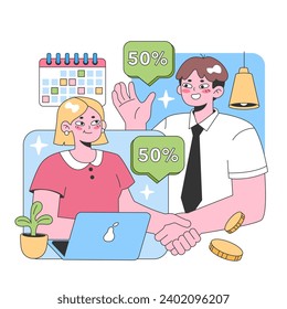 Collaborative business deal concept. Two professionals finalizing an agreement with mutual benefits, surrounded by workplace elements and discount bubbles. Partnership in action. vector illustration