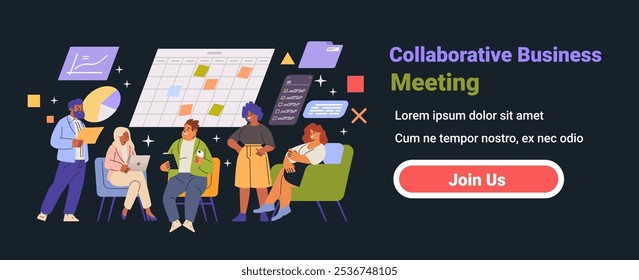 Collaborative business meeting concept with diverse team discussing charts and schedules in a dark mode interface with colorful elements and a join button