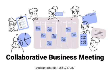 Collaborative business meeting concept with people discussing tasks charts and notes in a minimalist hand drawn style for website design