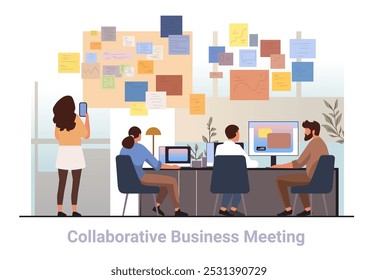 Collaborative business meeting teamwork concept office group discussion brainstorming diverse team computers sticky notes creative workspace professional setting