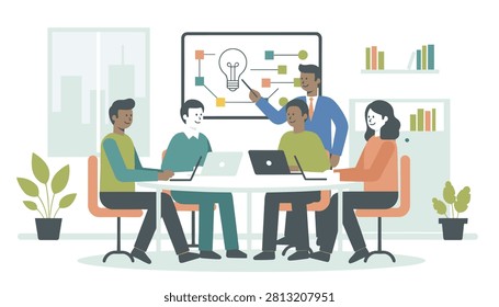 Collaborative business meeting where a speaker is explaining a creative idea with a lightbulb chart on a whiteboard.