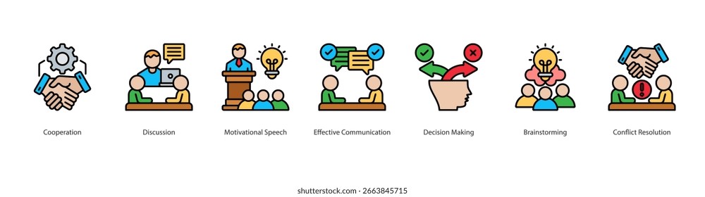 Collaborative Communication web banner icon set vector cooperation, discussion, motivational speech, effective communication, decision making, brainstorming, conflict resolution