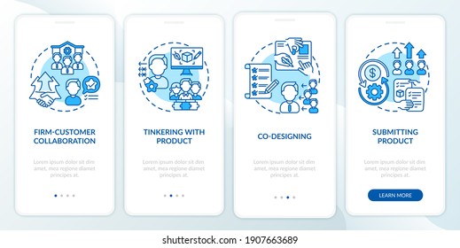 Collaborative creation types onboarding mobile app page screen with concepts. Firm-client collab, co-designing walkthrough 4 steps graphic instructions. UI vector template with RGB color illustrations