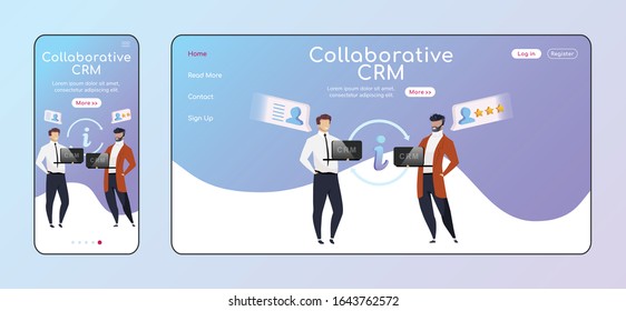 Collaborative CRM adaptive landing page flat color vector template. Smiling businessmen mobile, PC homepage layout. Client data sharing one page website UI. Cooperation webpage cross platform design