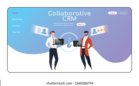 Collaborative CRM landing page flat color vector template. Businessmen with laptops homepage layout. Customer info exchange one page website interface, cartoon character. Partnership banner, webpage