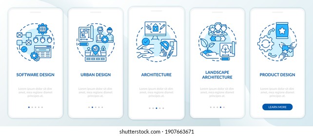 Collaborative design fields onboarding mobile app page screen with concepts. Program, urban design walkthrough 5 steps graphic instructions. UI vector template with RGB color illustrations