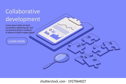 Collaborative development banner. Business concept of teamwork and partnership strategy. Vector landing page of collaboration in corporate office with isometric people and puzzle pieces