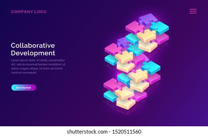 Collaborative development, isometric business concept vector. Color puzzle elements with holographic interface icons on ultraviolet background. Teamwork, cooperation, partnership and trust 3d concept