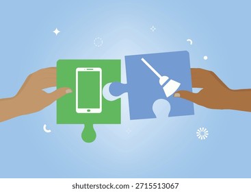 Collaborative digitale Bereinigung Puzzleteile. zwei Zeiger, die Smartphone- und Besensymbole auf Puzzleteilen halten und so die Teamarbeit zum Entrümpeln von Daten symbolisieren. Flacher Stil. Vektorgrafik