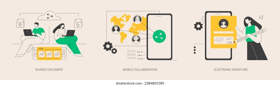 Collaborative document abstract concept vector illustration set. Shared document, mobile collaboration, electronic signature, public folder access, editing online, cloud service abstract metaphor.