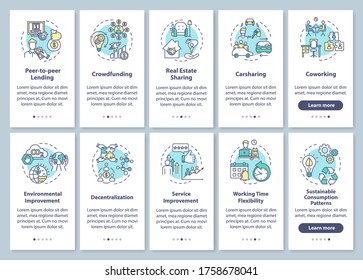 Collaborative economy onboarding mobile app page screen with concepts set. P2P lending services benefits walkthrough five steps graphic instructions. UI vector template with RGB color illustrations