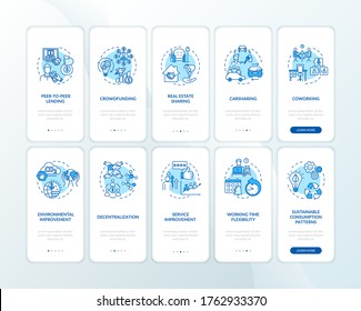 Collaborative economy onboarding mobile app page screen with concepts set. Peer to peer business benefits walkthrough five steps graphic instructions. UI vector template with RGB color illustrations