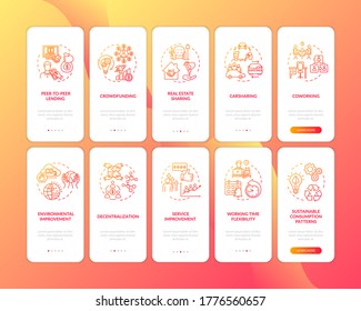 Collaborative economy onboarding mobile app page screen with concepts set. Modern services sharing model walkthrough five steps graphic instructions. UI vector template with RGB color illustrations