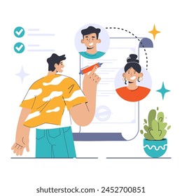 Collaborative Editing concept. Team members engaging in shared document review, connecting digitally to fine-tune content. Enhancing creativity through teamwork. Flat vector illustration