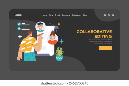 Collaborative editing dark or night mode web, landing. Team members sharing a document to review, connecting digitally to edit content. Teamwork. Flat vector illustration