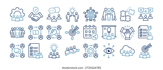 Coleta colaborativa de ícones. Contendo trabalho em equipe de design, cooperação, bate-papo em grupo, arquivo compartilhado, inovação colaborativa, hub de colaboração