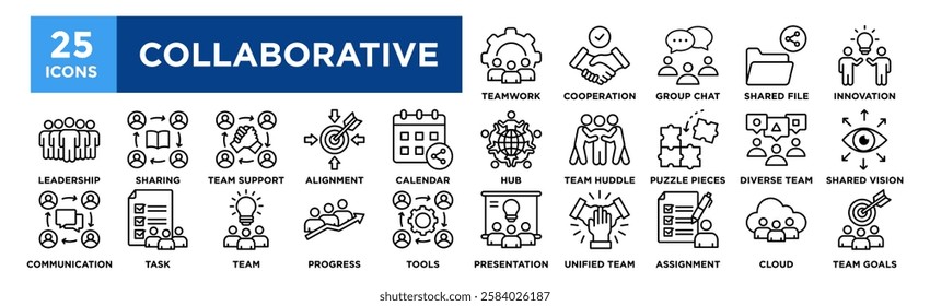 Collaborative icon collection set. Containing design Teamwork, Cooperation, Group Chat, Shared File, Collaborative Innovation, Collaboration Hub