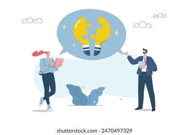Collaborative idea generation to solve problems, Creative brainstorming, Assembling great business ideas, Business team putting together a jigsaw puzzle of ideas, Vector design illustration.