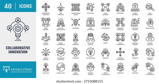 Collaborative innovation icon set. Includes idea sharing, crowdsourcing, knowledge exchange, brainstorming, partnerships, research. Outline icon set. Vector illustration with editable stroke