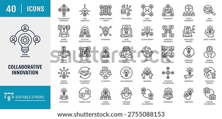 Collaborative innovation icon set. Includes idea sharing, crowdsourcing, knowledge exchange, brainstorming, partnerships, research. Outline icon set. Vector illustration with editable stroke