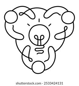 Collaborative Innovation Icon – Three Persons in a Circle with a Light Bulb, Representing Team Effort Toward Creative Solutions and New Ideas