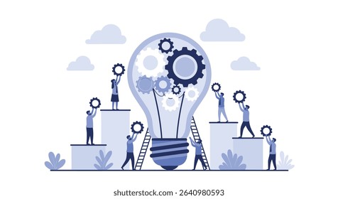 Collaborative Innovation A Team Assembling a Giant Lightbulb Filled with Gears