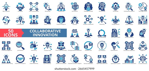 Collaborative innovation icon definir coleção de estilo plano. Contendo compartilhamento de ideias, crowdsourcing, intercâmbio de conhecimentos, brainstorming, parcerias, pesquisa.