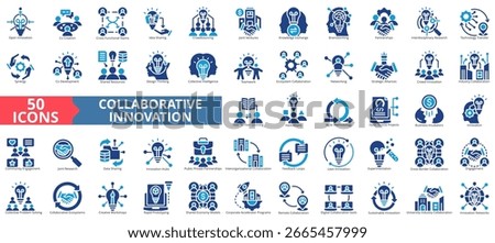 Collaborative innovationicon set flat style collection. Containing idea sharing, crowdsourcing, knowledge exchange, brainstorming, partnerships, research.