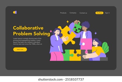 Conceito de aprendizado colaborativo. Vários membros da equipe se envolvem em resolução criativa de problemas com peças de quebra-cabeças. Trabalho em equipe, unidade e estratégia em ação. Ilustração vetorial.