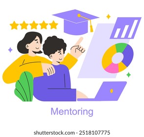 Conceito de aprendizado colaborativo. Mentor orientando o aluno com notebook e gráficos educacionais. Sucesso acadêmico e e-learning. Ilustração vetorial.