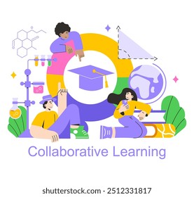 Conceito de aprendizado colaborativo. Os alunos se envolvem com elementos educacionais para objetivos acadêmicos compartilhados. Interação, trabalho em equipe e intercâmbio de conhecimentos. Ilustração vetorial.