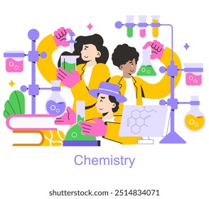 Collaborative Learning concept. Students engage in a chemistry experiment together with enthusiasm. Teamwork in education and scientific research. Vector illustration.