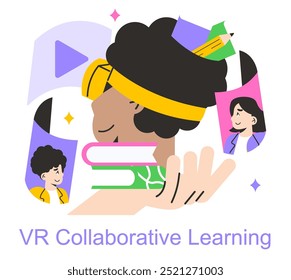 Kooperatives Lernkonzept. Studierende studieren Virtual Reality. Interaktive und innovative Studienmethoden. Vektorgrafik.