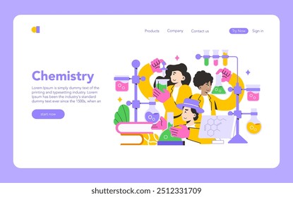 Concepto de Aprendizaje Colaborativo. Estudiantes participando en un experimento de química con entusiasmo. Educación interactiva y trabajo en equipo en un entorno de laboratorio. Ilustración vectorial.