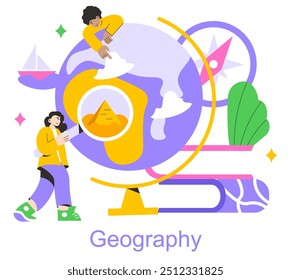 Concepto de Aprendizaje Colaborativo. Estudiantes involucrados con la geografía a través de Elementos interactivos. Exploración, ayudas digitales y trabajo en equipo en educación. Ilustración vectorial.