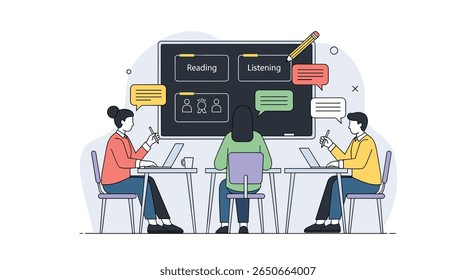 Collaborative learning environment fostering discussion and knowledge sharing among students in a modern classroom setting