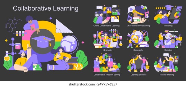 Collaborative Learning set. Group study dynamics and interactive education experiences. Online sessions, VR integration, subject-specific teamwork. Vector illustration.