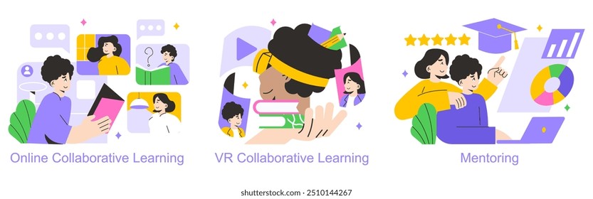 Conjunto de aprendizaje colaborativo. Los estudiantes participan en la educación en línea, la tecnología de realidad virtual y la interacción con mentores. Diversos métodos de aprendizaje digital. Ilustración vectorial.