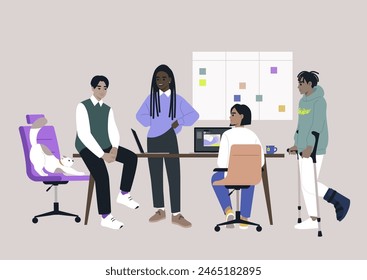 Collaborative Moment at a Modern Office Space, Colleagues standing and sitting around a desk, engaged in a team discussion