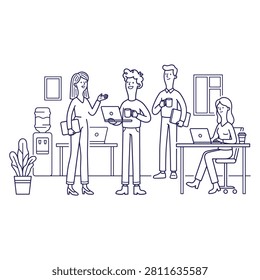 A collaborative office team engaging with technology in a modern workspace, illustrated line art, cheerful professional mood.