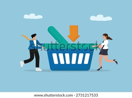 Collaborative Online Shopping Concept with Business People Pushing Shopping Basket and Download Arrow Representing E-Commerce, Digital Retail, and Consumer Interaction