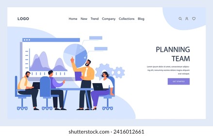 Collaborative planning team deep in discussion, analyzing data visuals while surrounded by digital graphs, gears, and a productive atmosphere. Elevating strategic insights. Flat vector