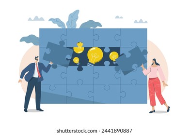 Collaborative problem solving, Business people working together to complete a jigsaw puzzle, Coming together to generate good ideas, Team brainstorming together. Vector design illustration.