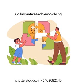 Collaborative Problem Solving concept. Two people fitting puzzle pieces together, embodying teamwork in finding solutions and overcoming challenges. Flat vector illustration