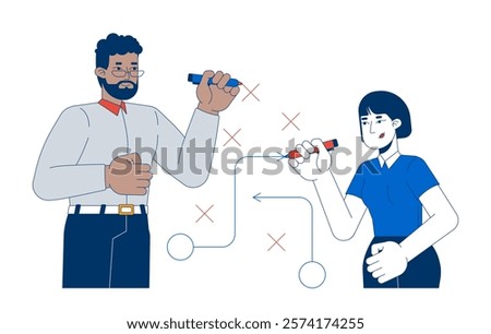 Collaborative problem solving at work 2D illustration concept. Goal setting. Two coworkers brainstorming, strategic planning cartoon characters isolated on white. Metaphor abstract flat vector graphic