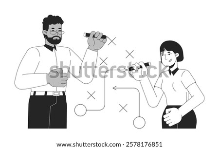 Collaborative problem solving at work black and white 2D illustration concept. Goal setting. Two coworkers brainstorming, strategic planning outline characters isolated. Metaphor monochrome vector art