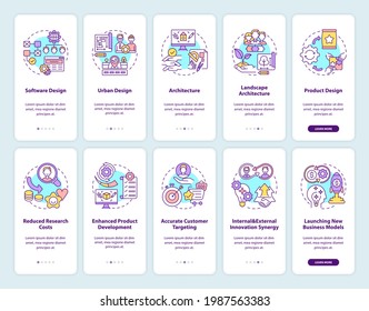 Collaborative product development onboarding mobile app page screen with concepts set. Co-design, co-creation walkthrough 5 steps graphic instructions. UI vector template with RGB color illustrations