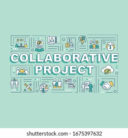 Collaborative project word concepts banner. Design studio. Partnership for work project. Infographics with linear icons on mint background. Isolated typography. Vector outline RGB color illustration