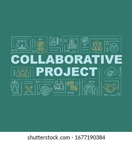 Banner für kollaborative Projektwortkonzepte. Unternehmensstrategie schaffen. Infografiken mit linearen Symbolen auf grünem Hintergrund. Alleinstehende Typografie. Vektorillustration-Umriss-RGB-Farbgrafik